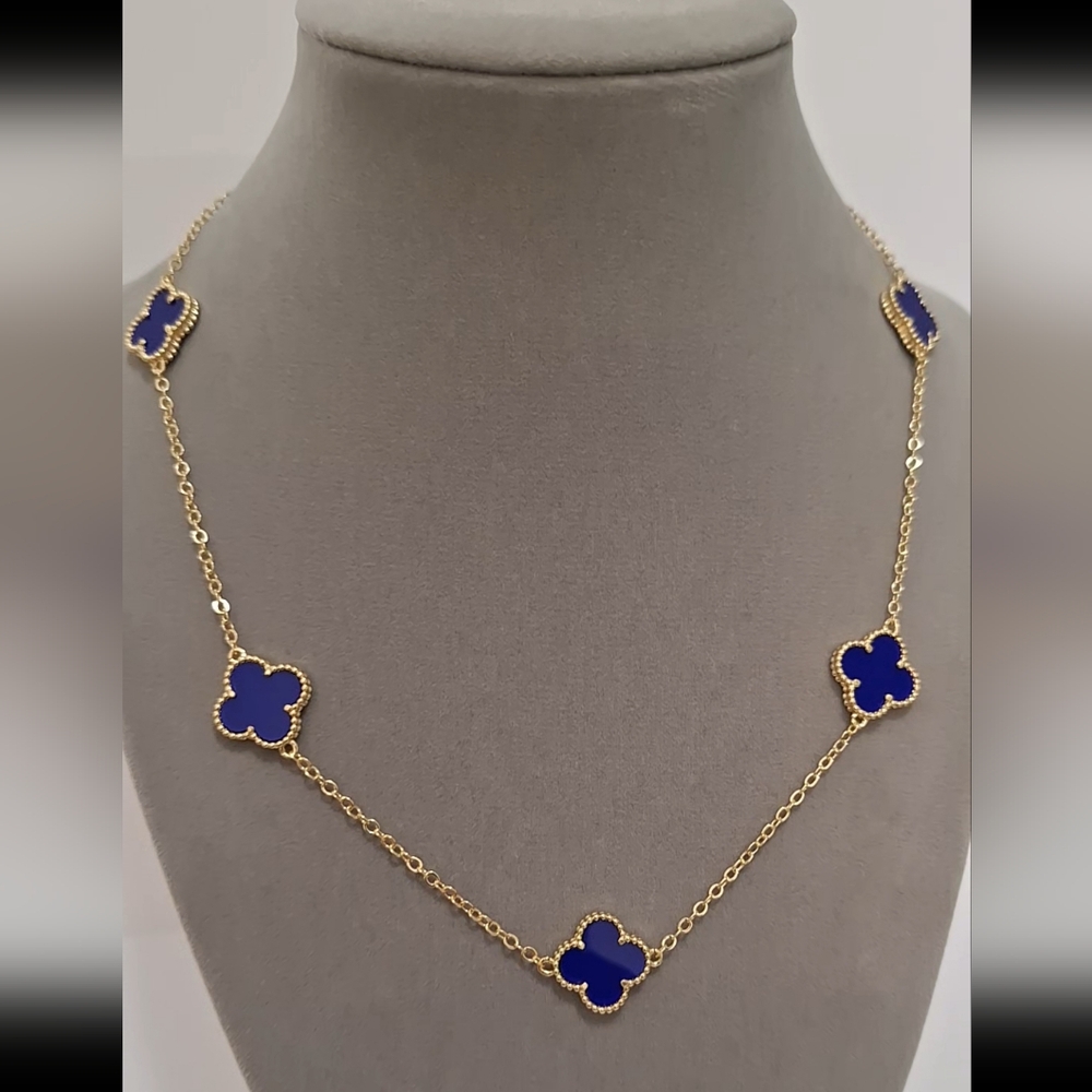 Agate blue enamel four leafs five flowers necklace